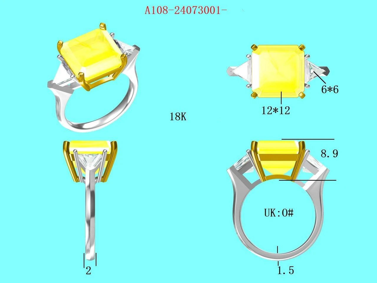 Four CAD views of the yellow-centre ring with dimensions