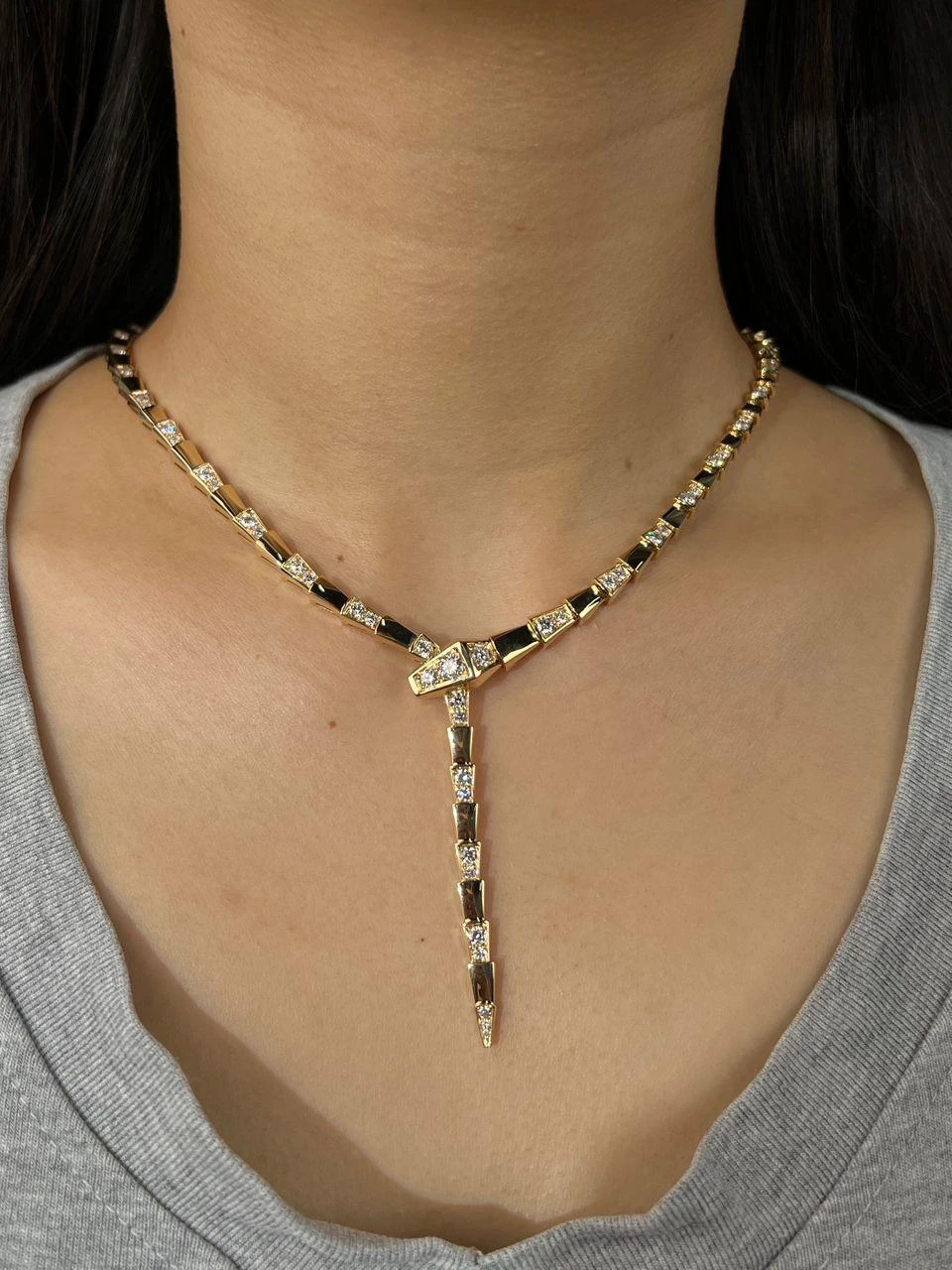 A gold-tone serpent necklace following the neckline